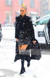 Gigi Hadid is seen walking in Snow in Soho on February 15, 2016 in New York City.