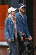 Melissa Benoist walking her dogs Farley and Drift with her  boyfriend Chris Wood in Vancouver's Gastown District 15/04/2018