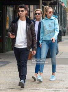 Gigi Hadid and Joe Jonas are seen leaving lunch with Gigi's mother, Yolanda Foster in downtown Manhattan on October 09, 2015 in New York City
