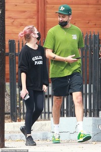 Ashley Benson and boyfriend G-Eazy share the look of love through matching face masks while on a coffee run in Los Angeles On October 09, 2020